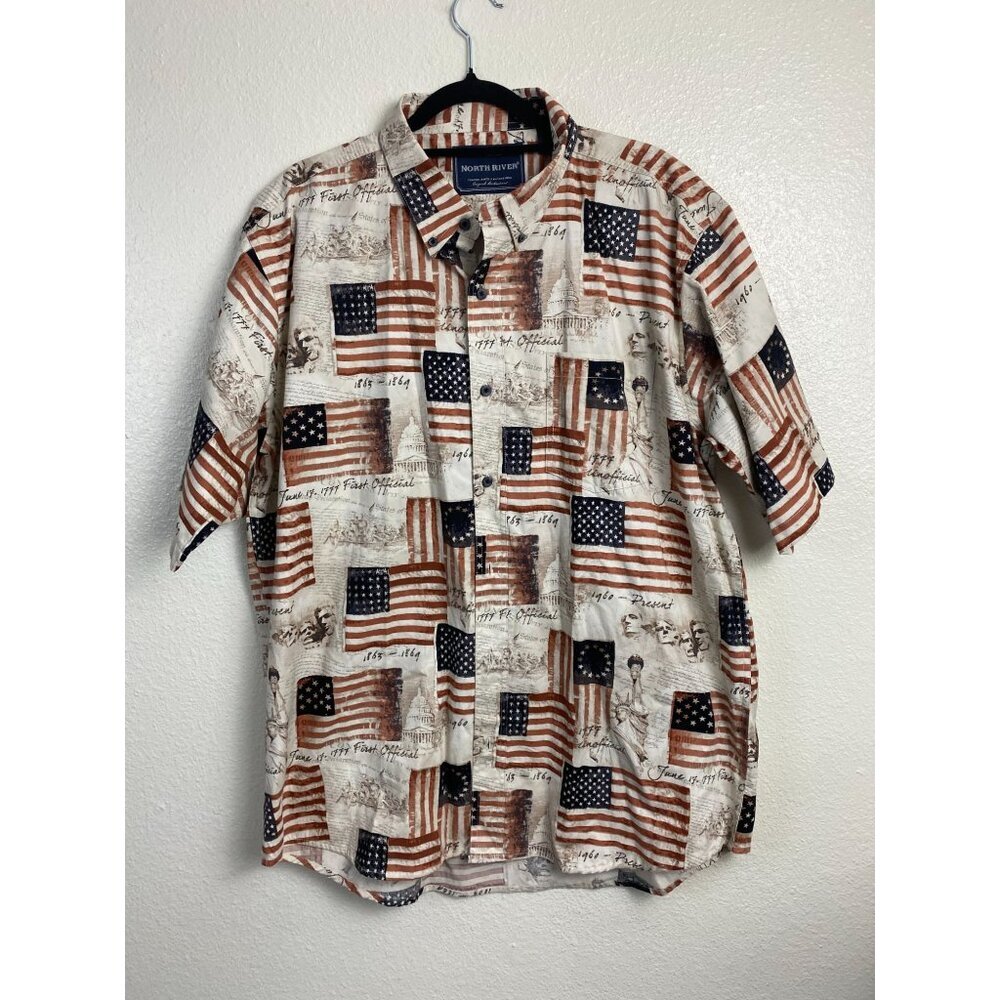 North River USA American Patriotic Short Sleeve Button Up Shirt Men XL Cotton